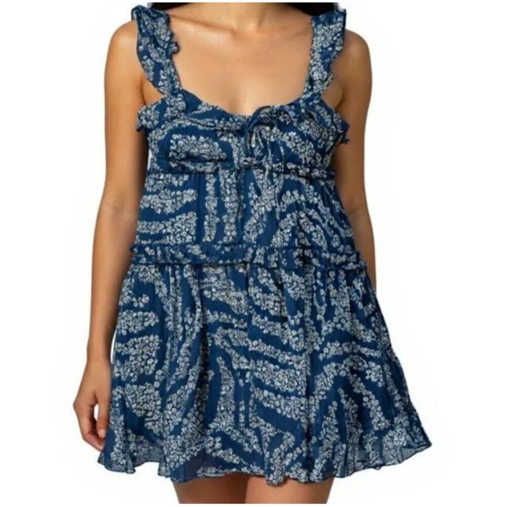 NEW Patrons of Peace Babydoll Mini Dress Women Small Blue Floral Bohemian